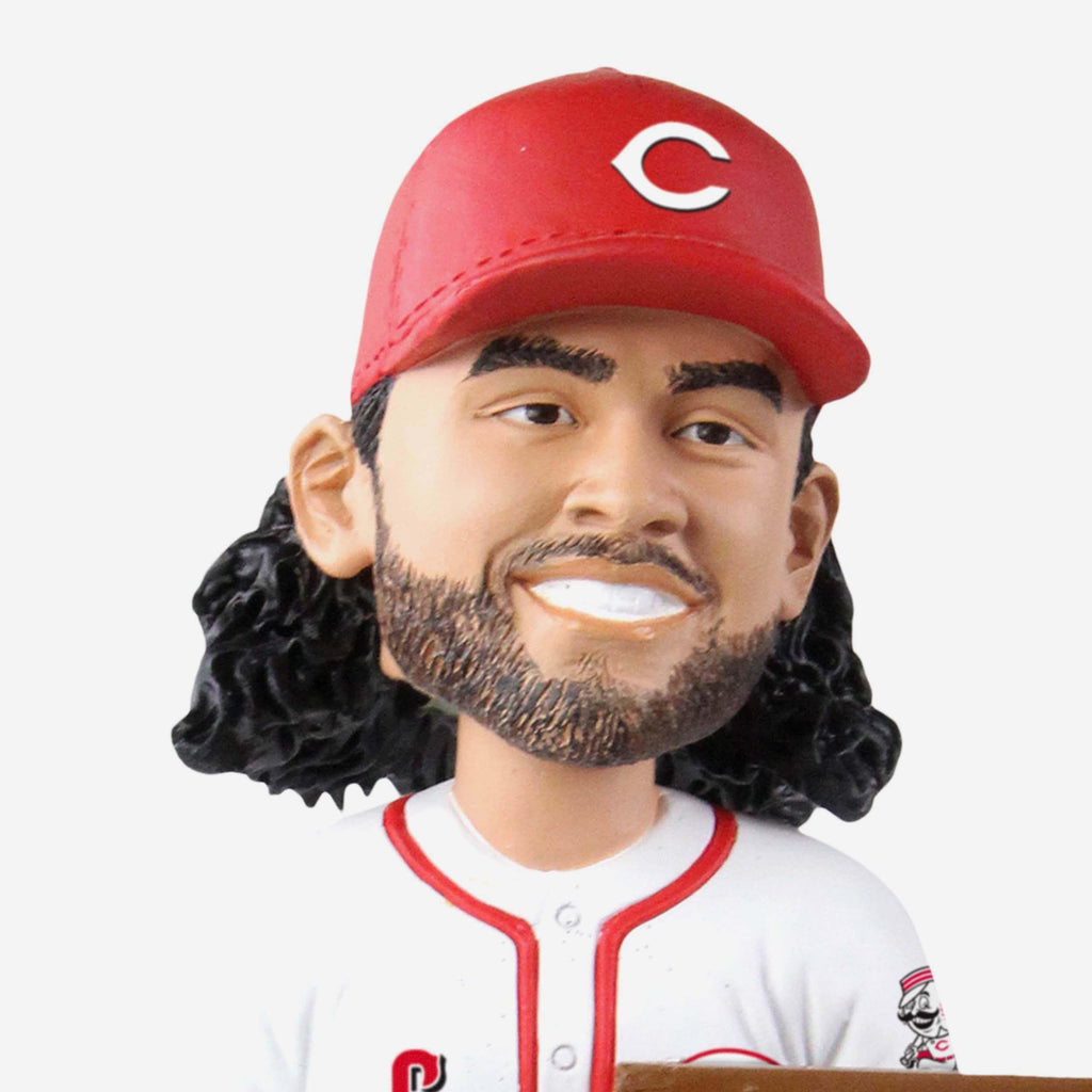 Jonathan India reacts to his first Cincinnati Reds bobblehead