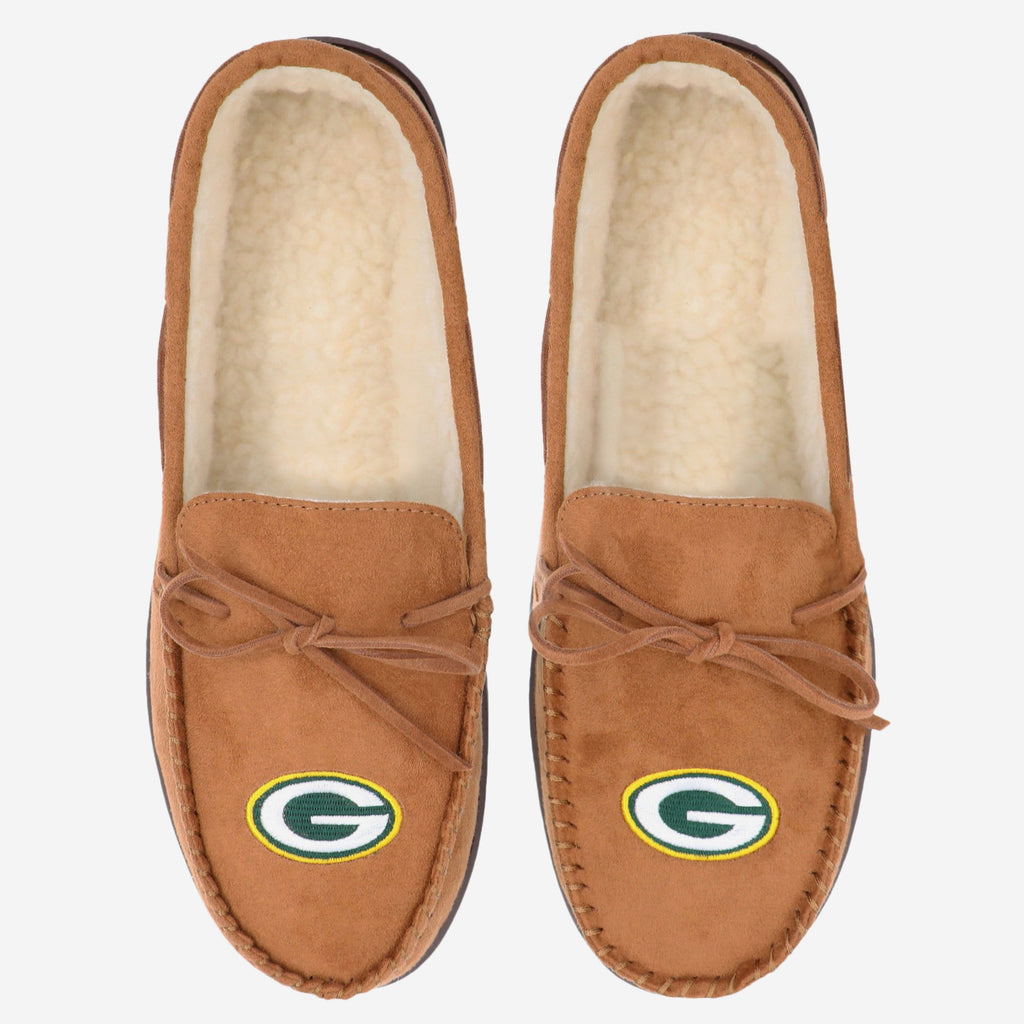 FOCO Men's Green Bay Packers Team Logo Flannel Moccasin Slippers