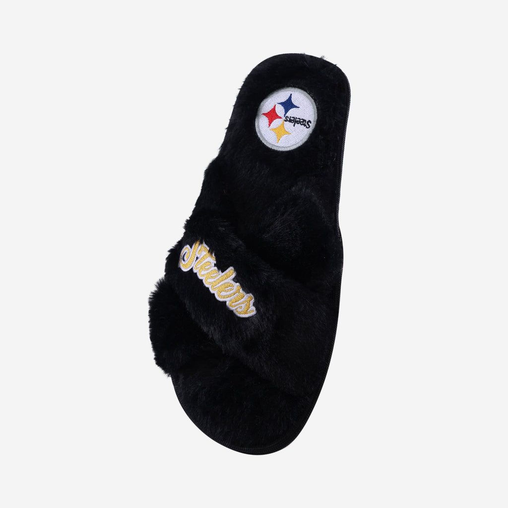 Pittsburgh Steelers Womens Script Wordmark Fur Cross Slide, Size: XL