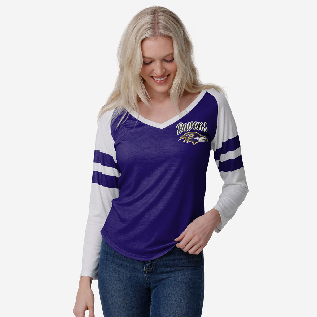 FOCO Dallas Cowboys NFL Womens Script Wordmark Striped Sleeve Raglan T-Shirt