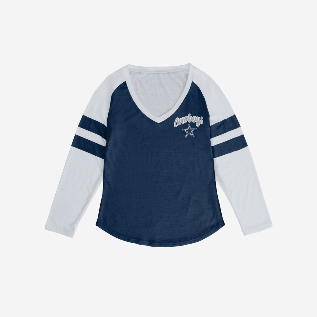 FOCO Dallas Cowboys NFL Womens Script Wordmark Striped Sleeve Raglan T-Shirt