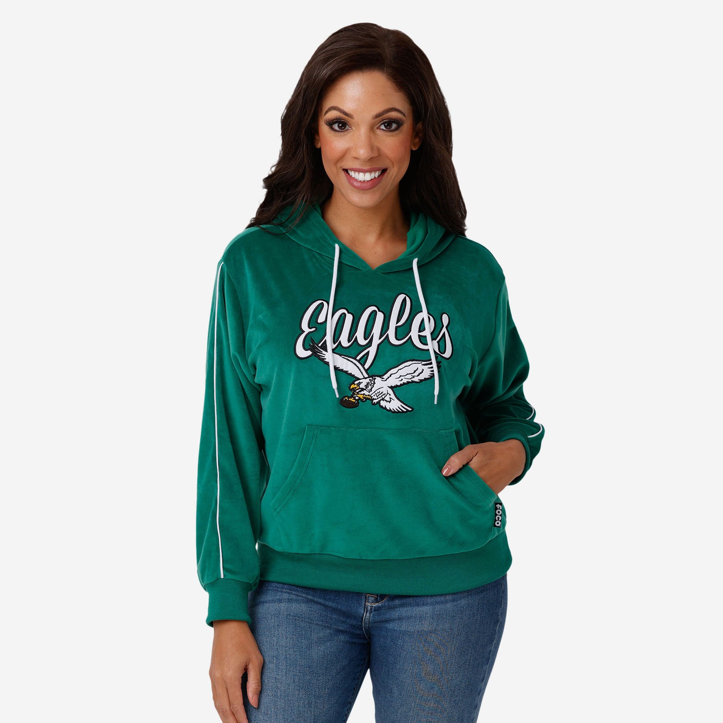 Philadelphia Eagles Womens Kelly Green Velour Hooded Sweatshirt FOCO