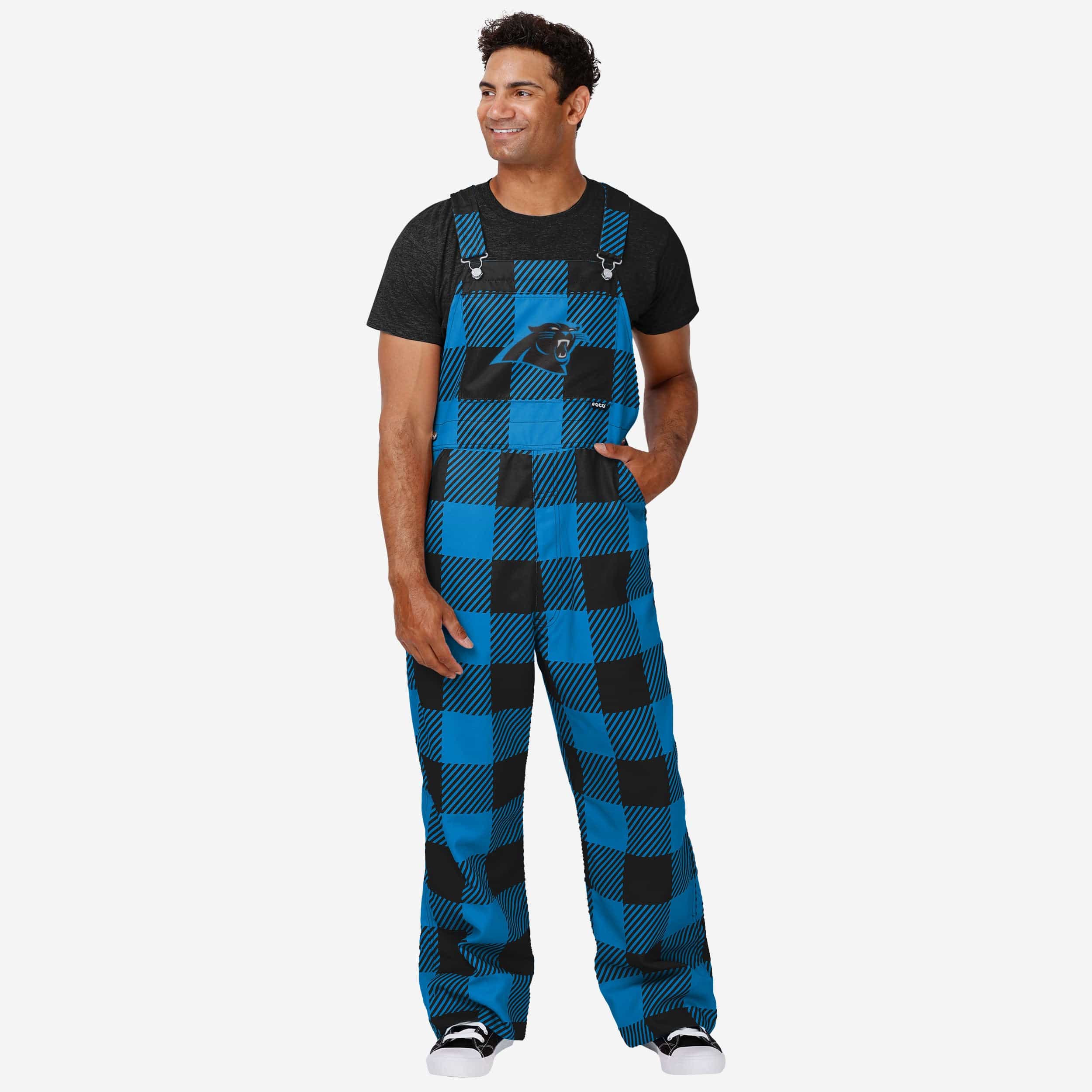 FOCO Carolina Panthers Womens Plaid Bib Overalls, Size: L