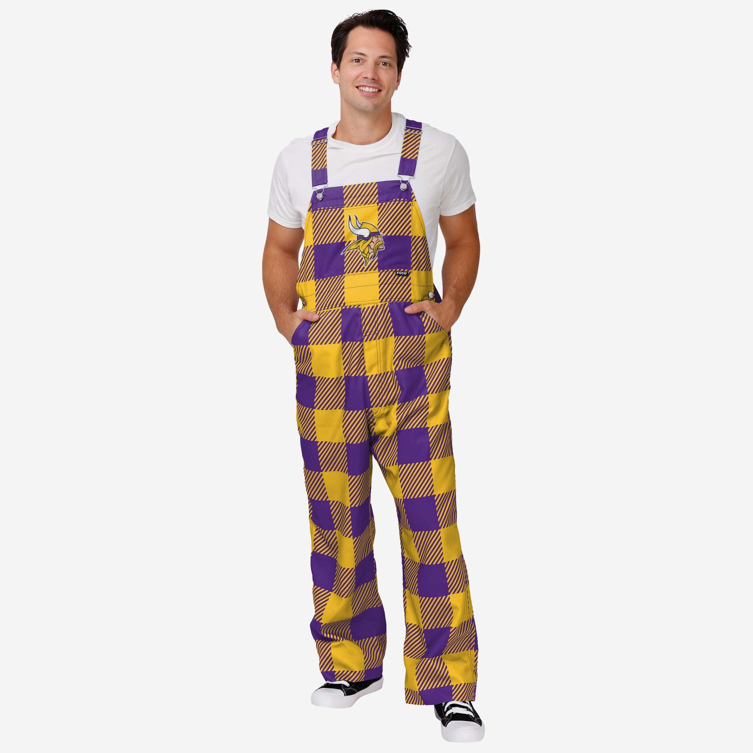 FOCO Minnesota Vikings Womens Plaid Bib Overalls, Size: L