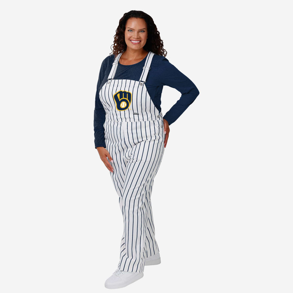 Milwaukee Brewers Womens Pinstripe Bib Overalls FOCO XS - FOCO.com