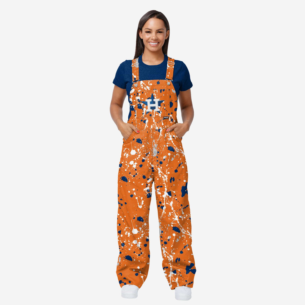 Houston Astros Womens Paint Splatter Bib Overalls FOCO XS - FOCO.com