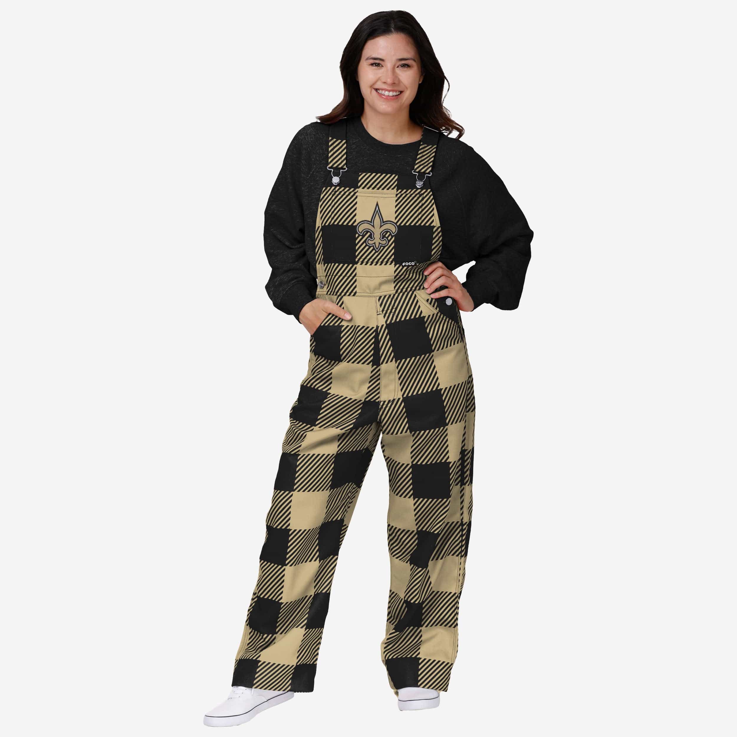 Men's FOCO Black New Orleans Saints Big Logo Plaid Overalls Size: Medium