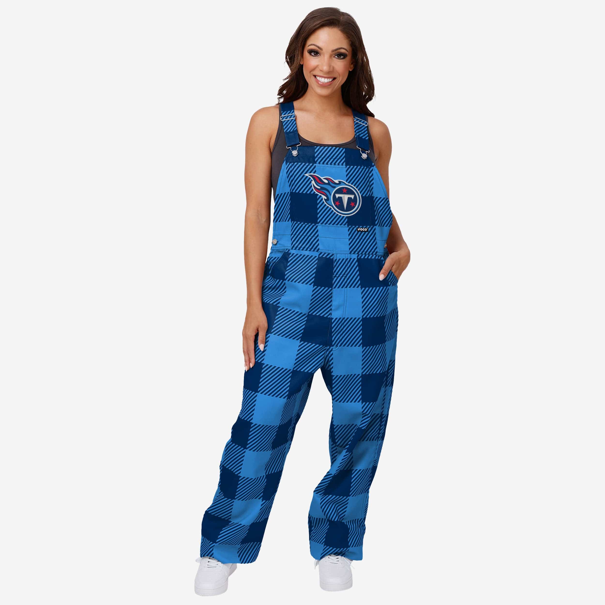 Men's FOCO Light Blue Tennessee Titans Big Logo Plaid Overalls