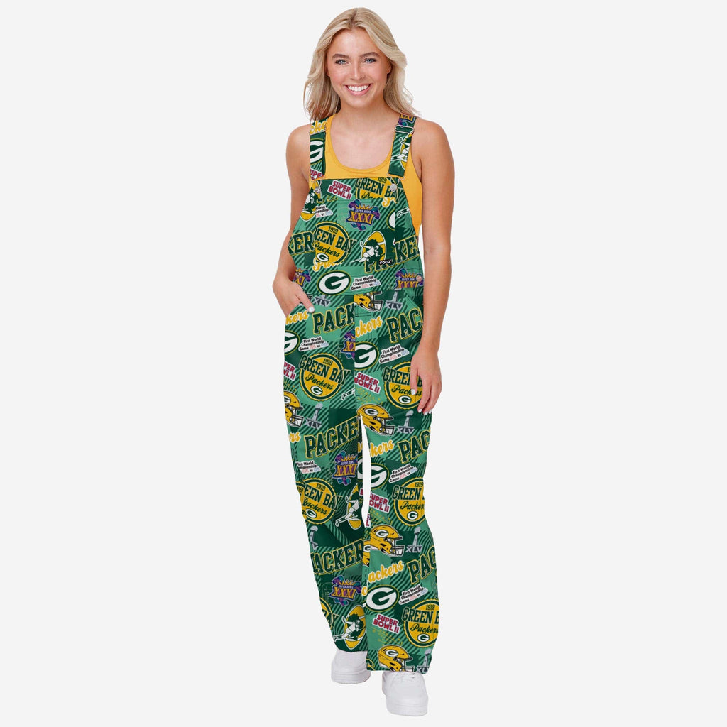 Green Bay Packers Womens Historic Print Bib Overalls FOCO XS - FOCO.com