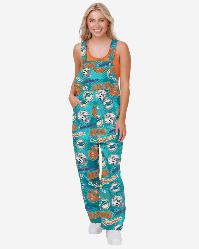 Miami Dolphins Womens Historic Print Bib Overalls FOCO XS - FOCO.com