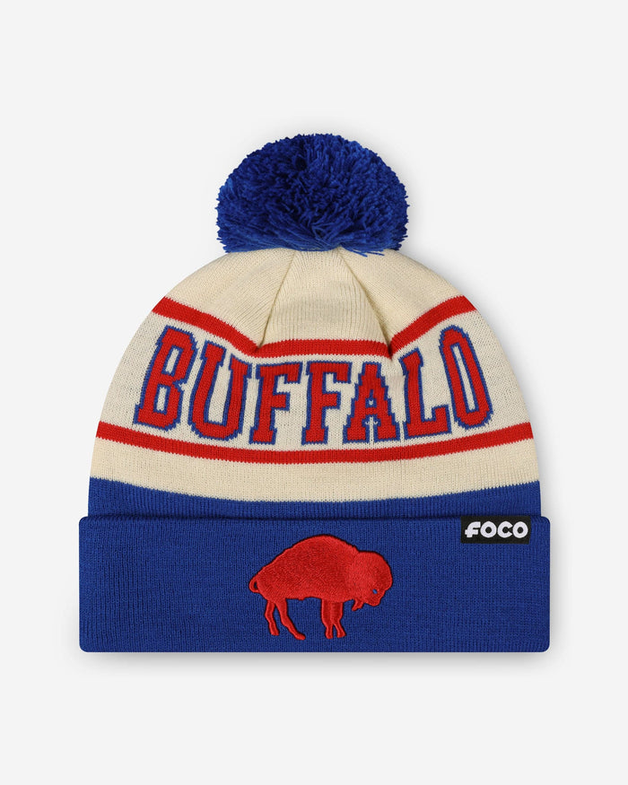 Buffalo Bills Heritage Stripe Retro Logo Pom Beanie FOCO - FOCO.com