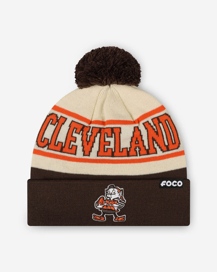 Cleveland Browns Heritage Stripe Retro Logo Pom Beanie FOCO - FOCO.com