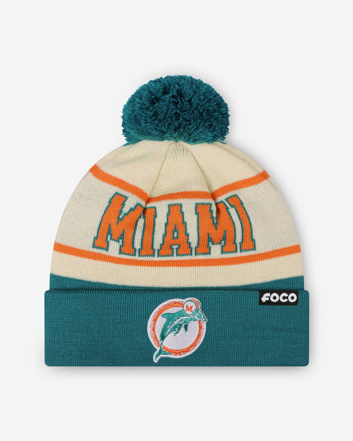 Miami Dolphins Heritage Stripe Retro Logo Pom Beanie FOCO - FOCO.com