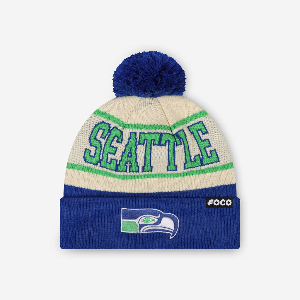 Seattle Seahawks Heritage Stripe Retro Logo Pom Beanie FOCO - FOCO.com