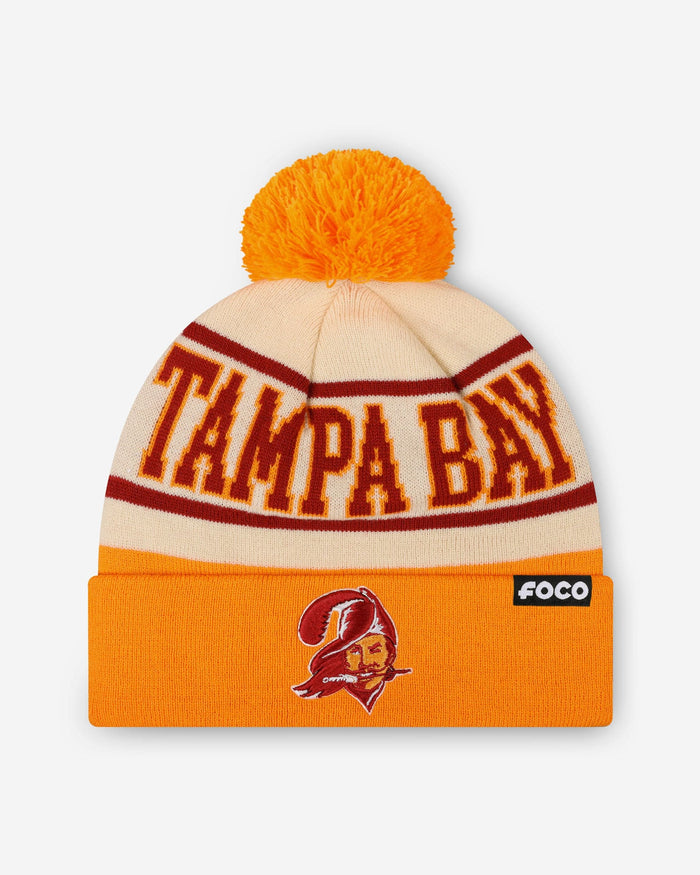 Tampa Bay Buccaneers Heritage Stripe Retro Logo Pom Beanie FOCO - FOCO.com