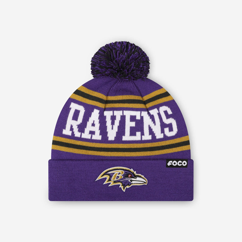 Baltimore Ravens Primary Logo Stripe Pom Beanie FOCO - FOCO.com