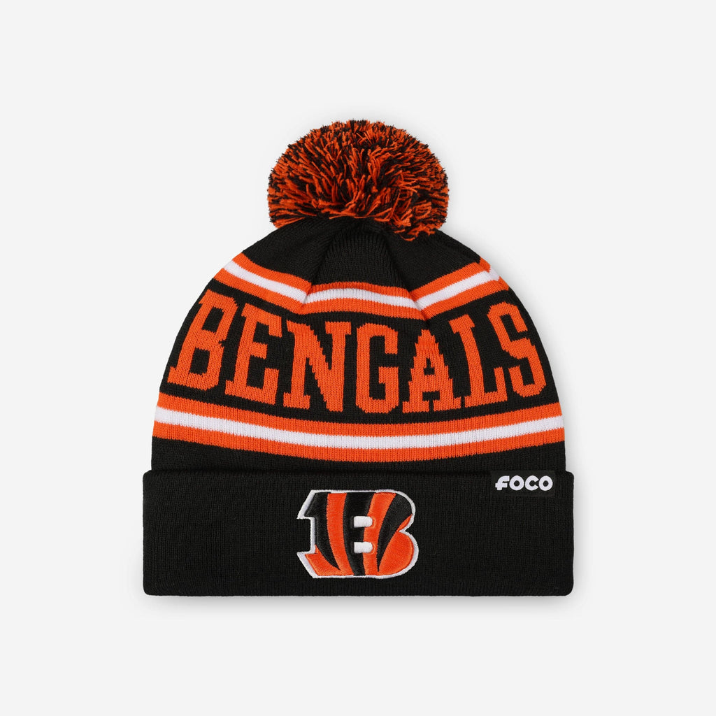 Cincinnati Bengals Primary Logo Stripe Pom Beanie FOCO - FOCO.com