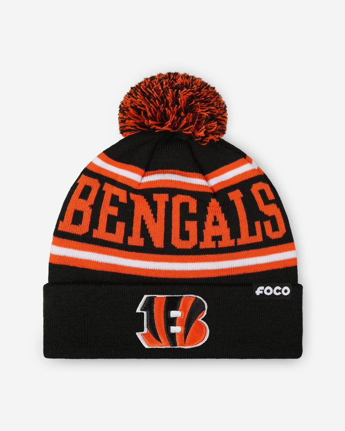 Cincinnati Bengals Primary Logo Stripe Pom Beanie FOCO - FOCO.com