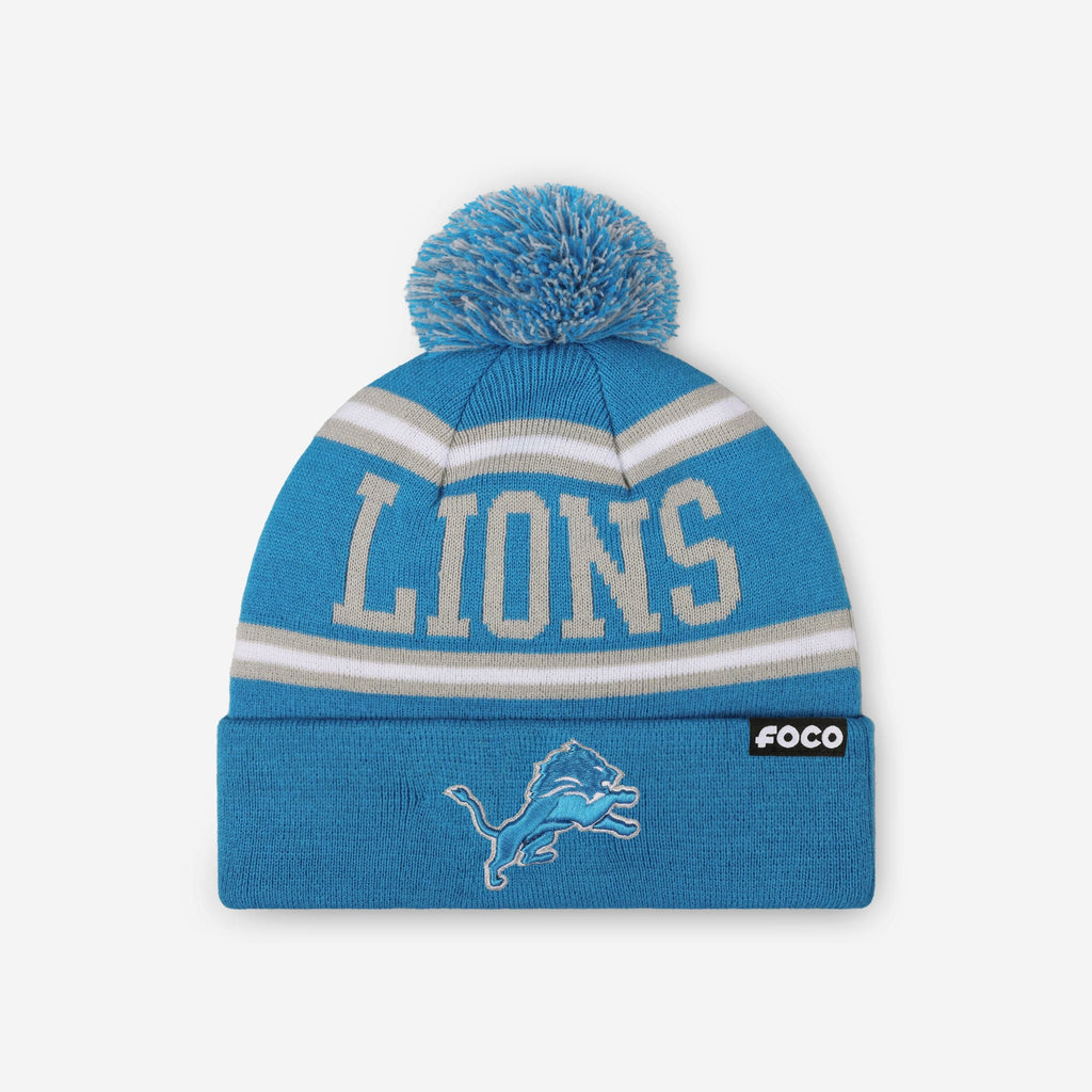 Detroit Lions Primary Logo Stripe Pom Beanie FOCO - FOCO.com