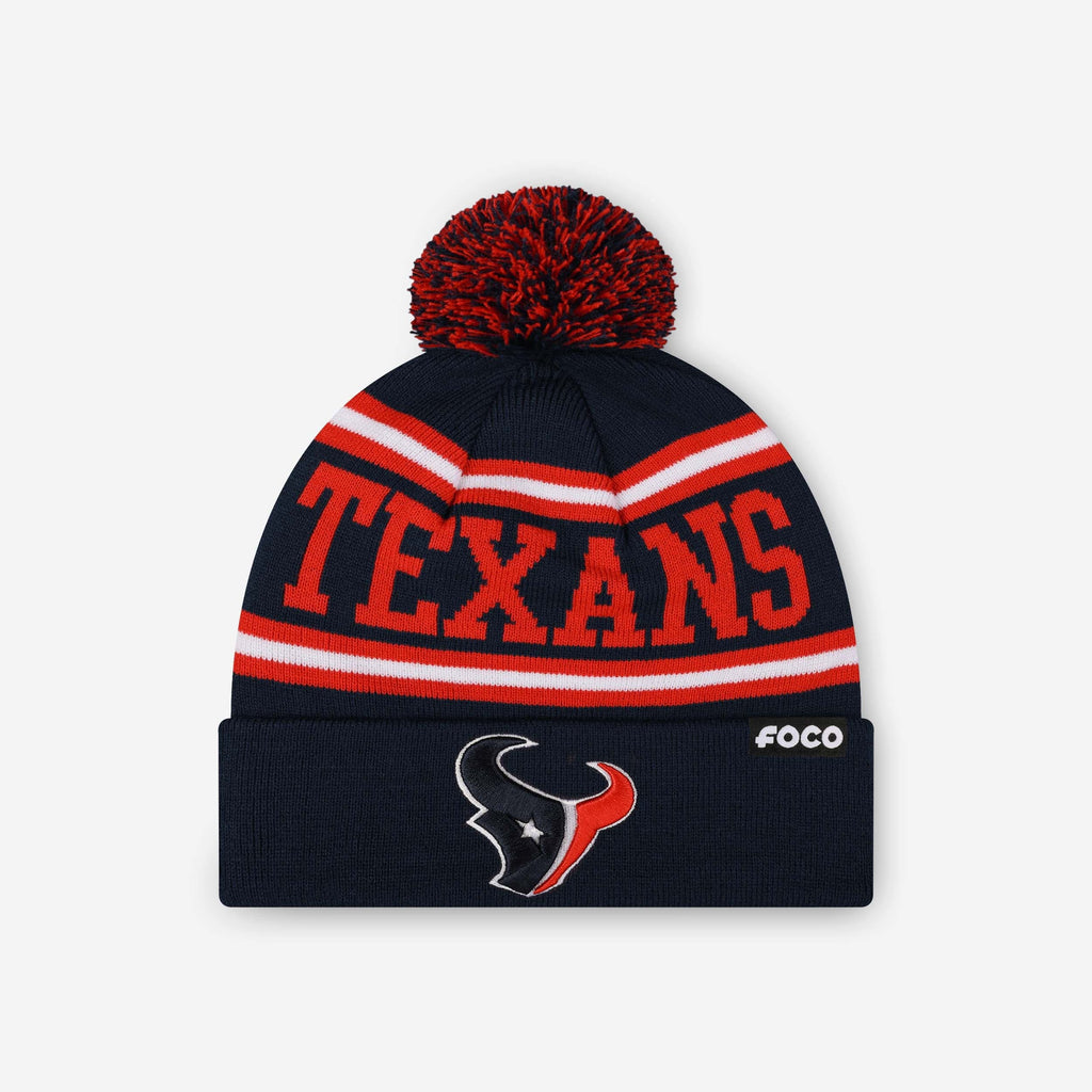 Houston Texans Primary Logo Stripe Pom Beanie FOCO - FOCO.com