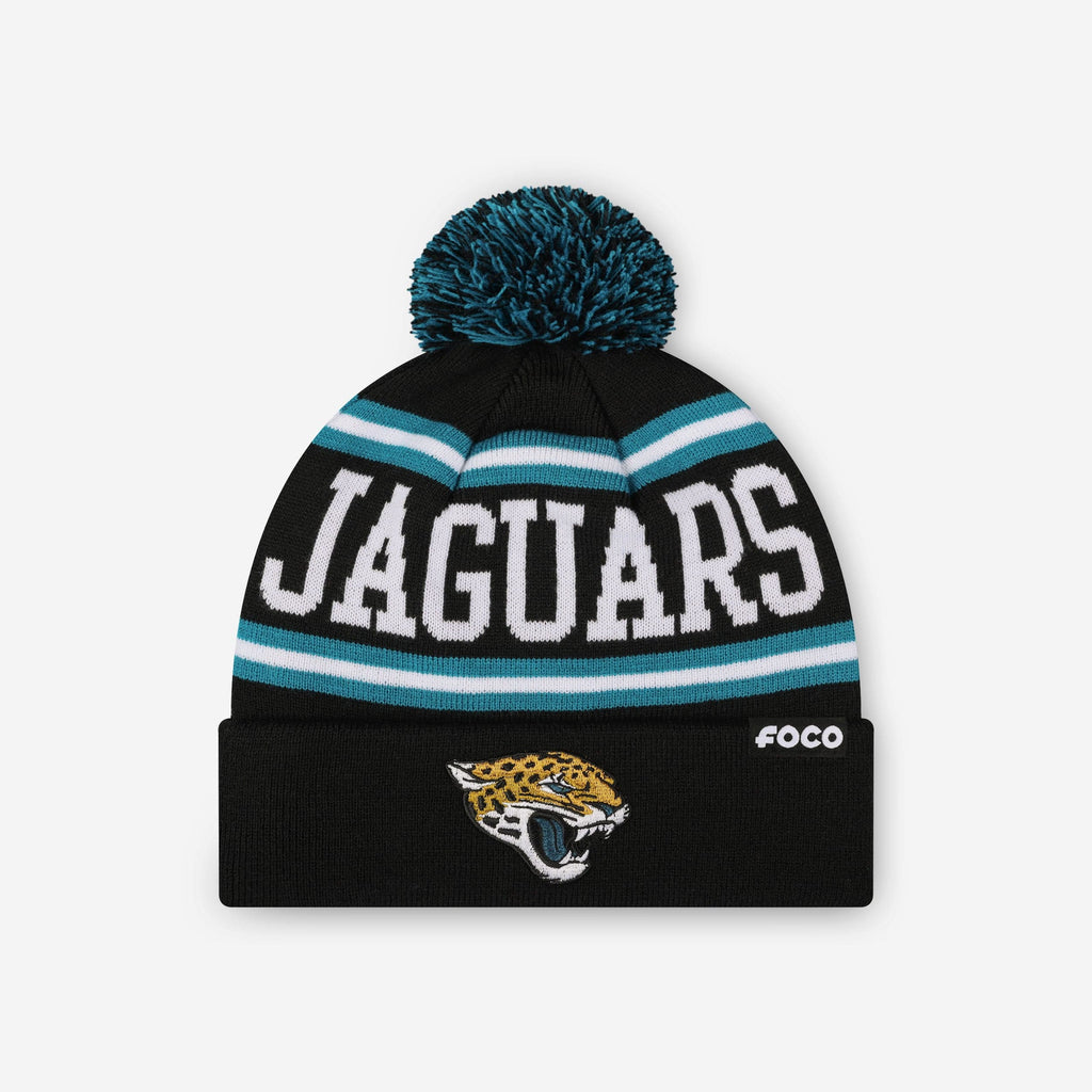 Jacksonville Jaguars Primary Logo Stripe Pom Beanie FOCO - FOCO.com