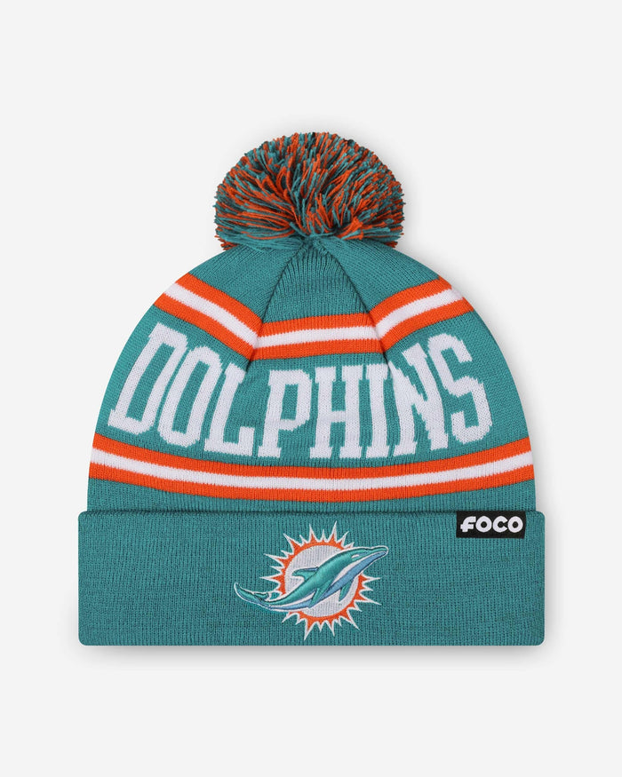 Miami Dolphins Primary Logo Stripe Pom Beanie FOCO - FOCO.com