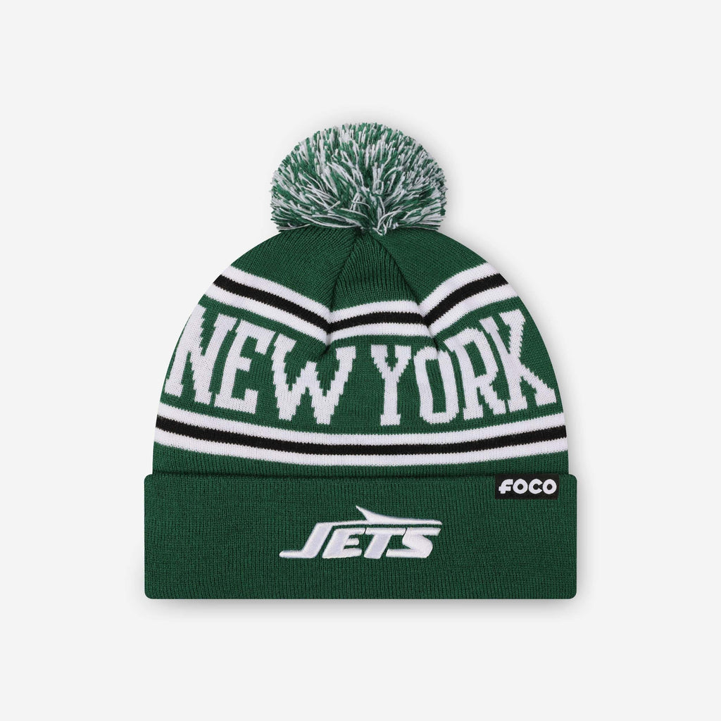 New York Jets Primary Logo Stripe Pom Beanie FOCO - FOCO.com