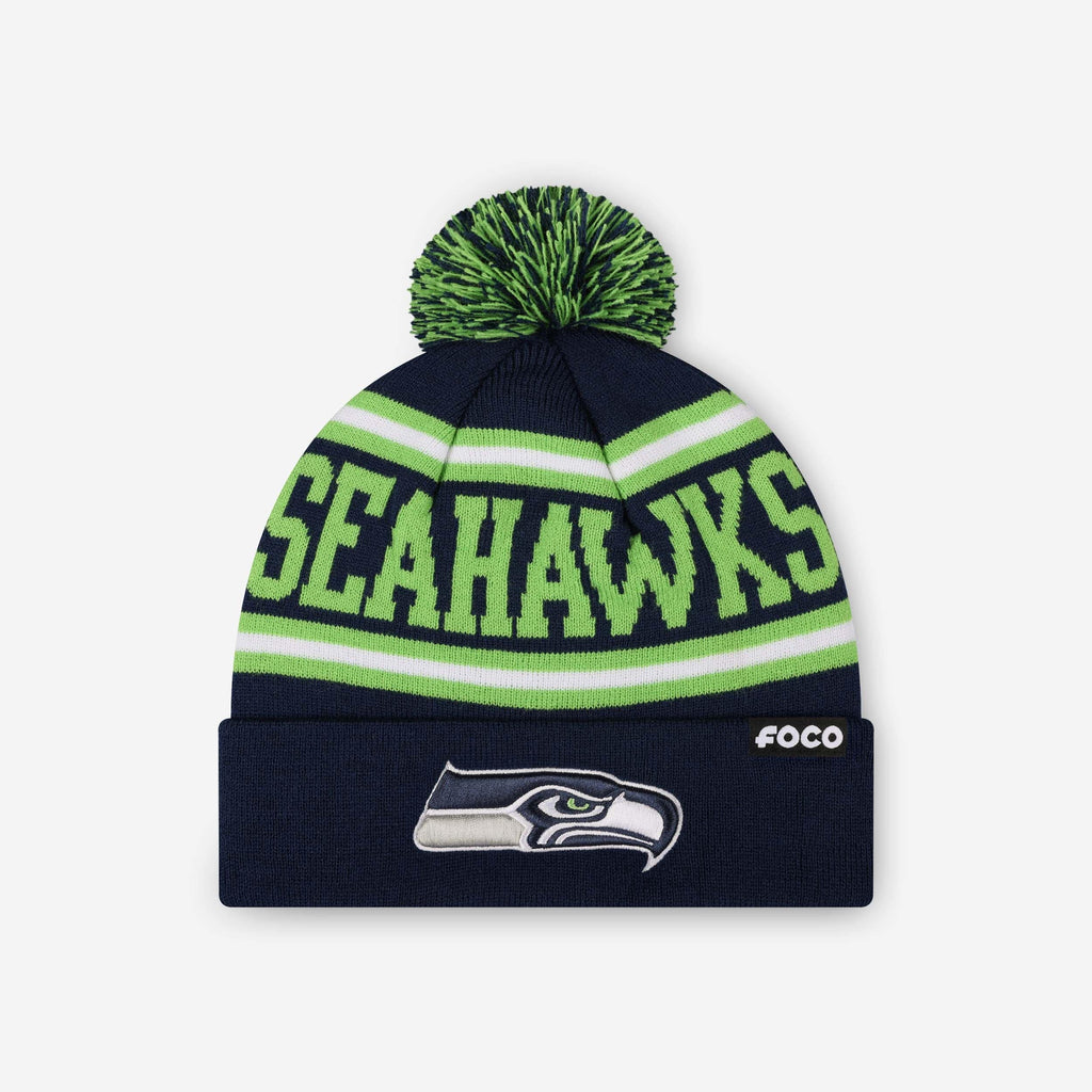 Seattle Seahawks Primary Logo Stripe Pom Beanie FOCO - FOCO.com