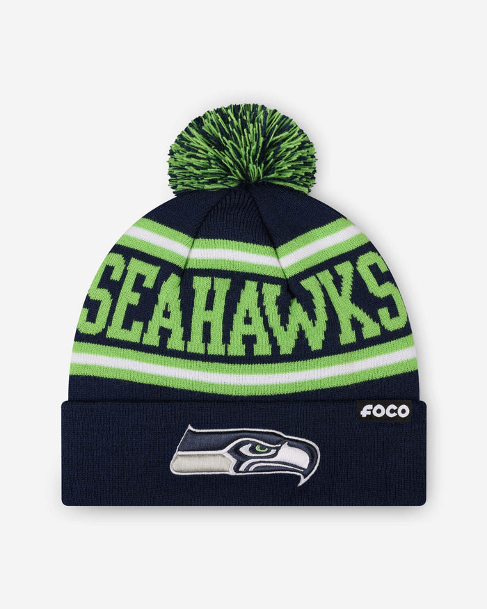 Seattle Seahawks Primary Logo Stripe Pom Beanie FOCO - FOCO.com