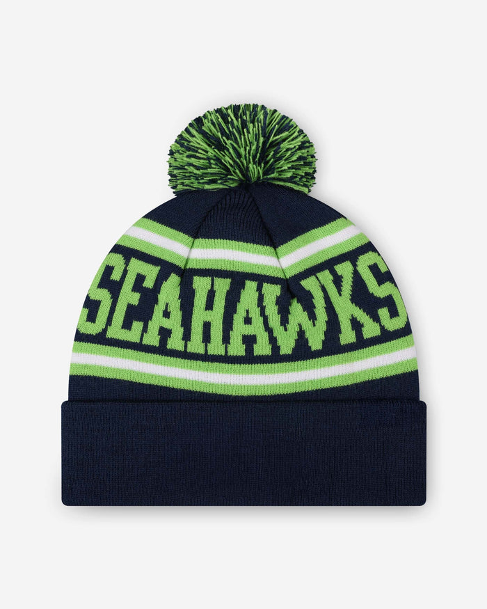 Seattle Seahawks Primary Logo Stripe Pom Beanie FOCO - FOCO.com