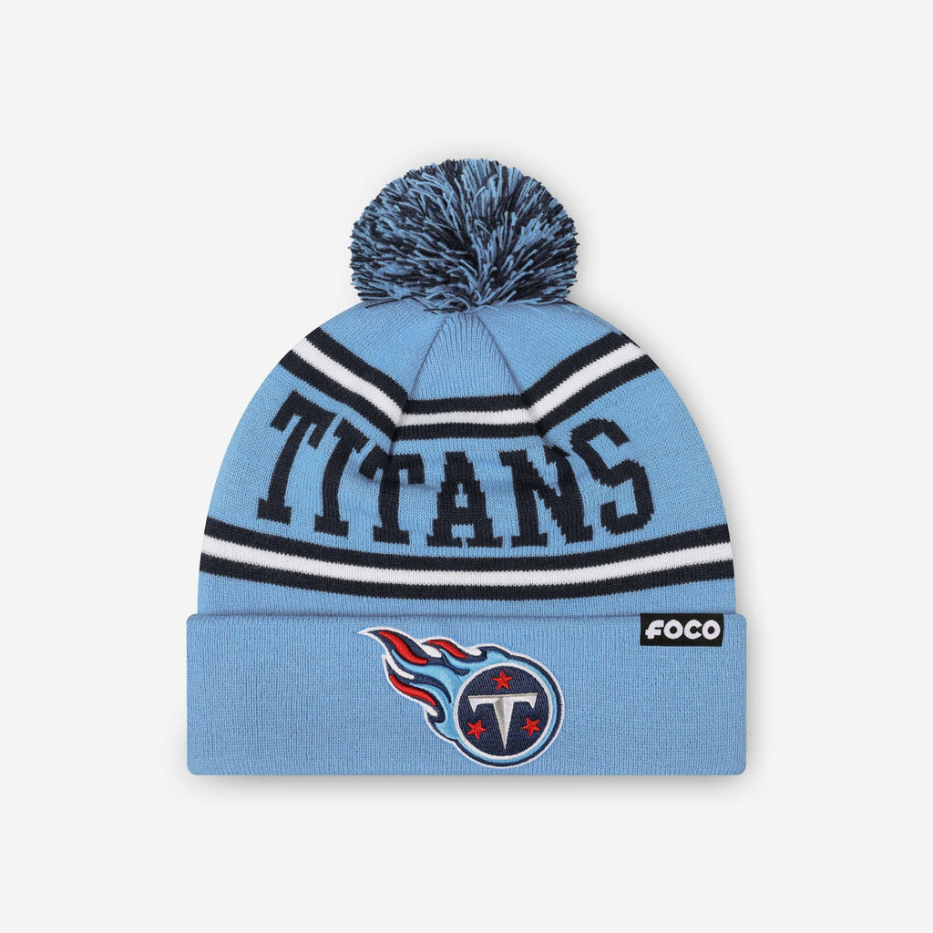 Tennessee Titans Primary Logo Stripe Pom Beanie FOCO - FOCO.com