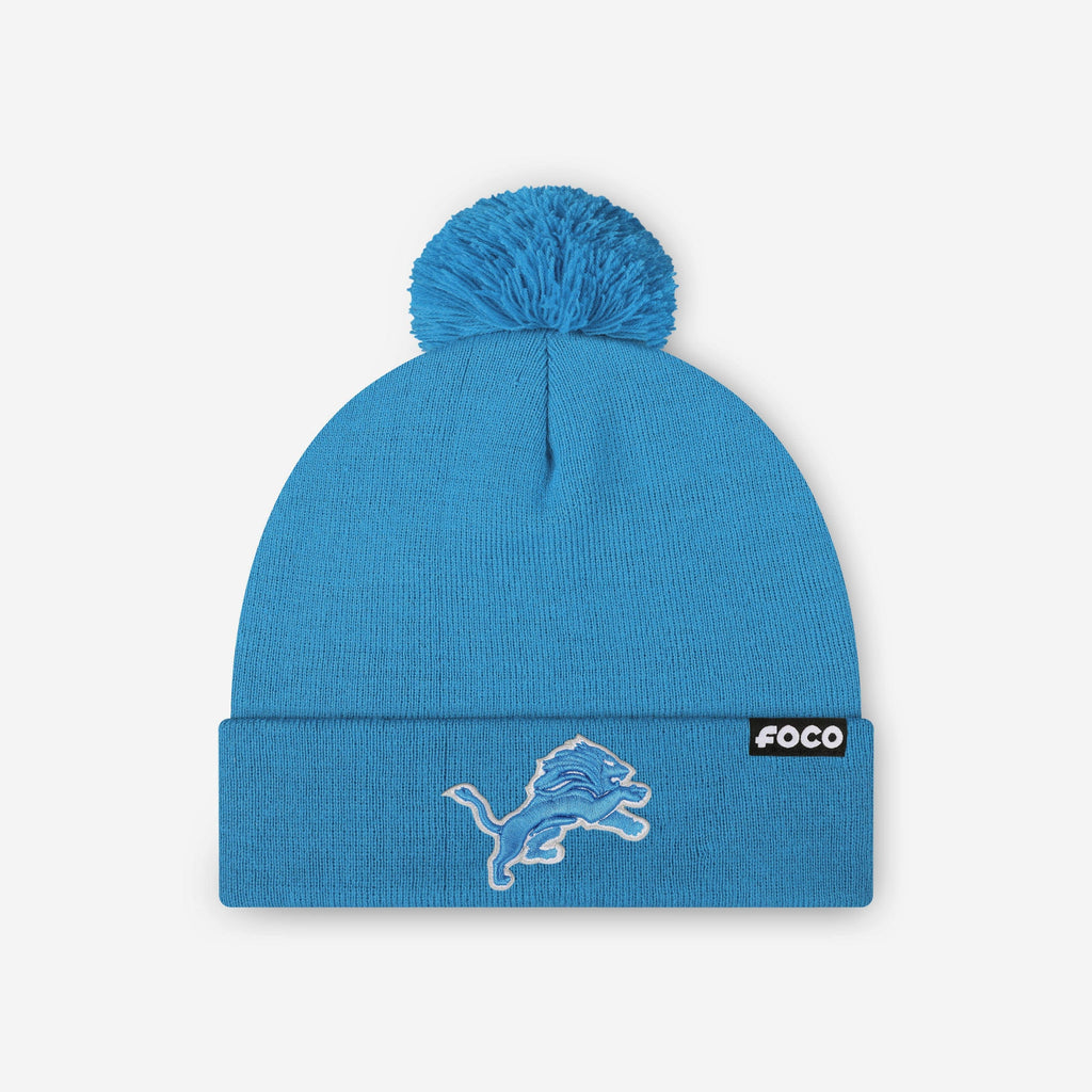 Detroit Lions Basic Primary Logo Pom Beanie FOCO Glacier Blue - FOCO.com