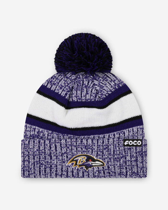 Baltimore Ravens Heather Team Stripe Lined Pom Beanie FOCO - FOCO.com