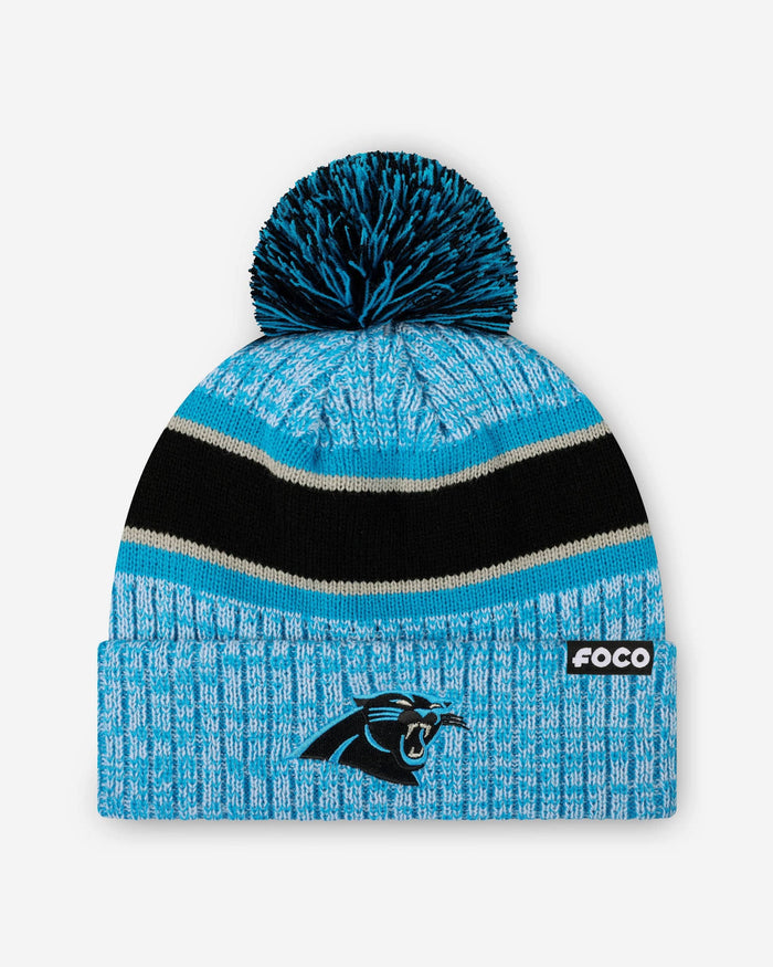 Carolina Panthers Heather Team Stripe Lined Pom Beanie FOCO - FOCO.com