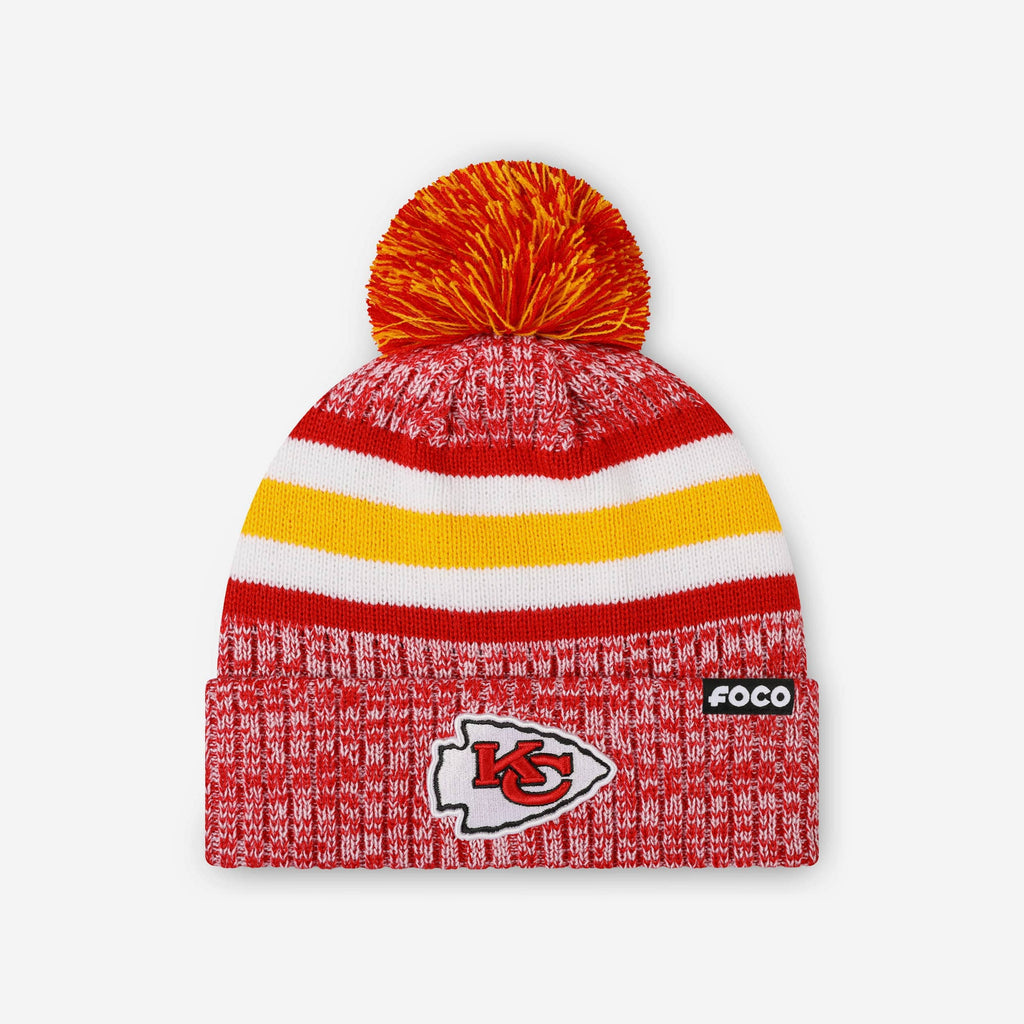 Kansas City Chiefs Heather Team Stripe Lined Pom Beanie FOCO - FOCO.com