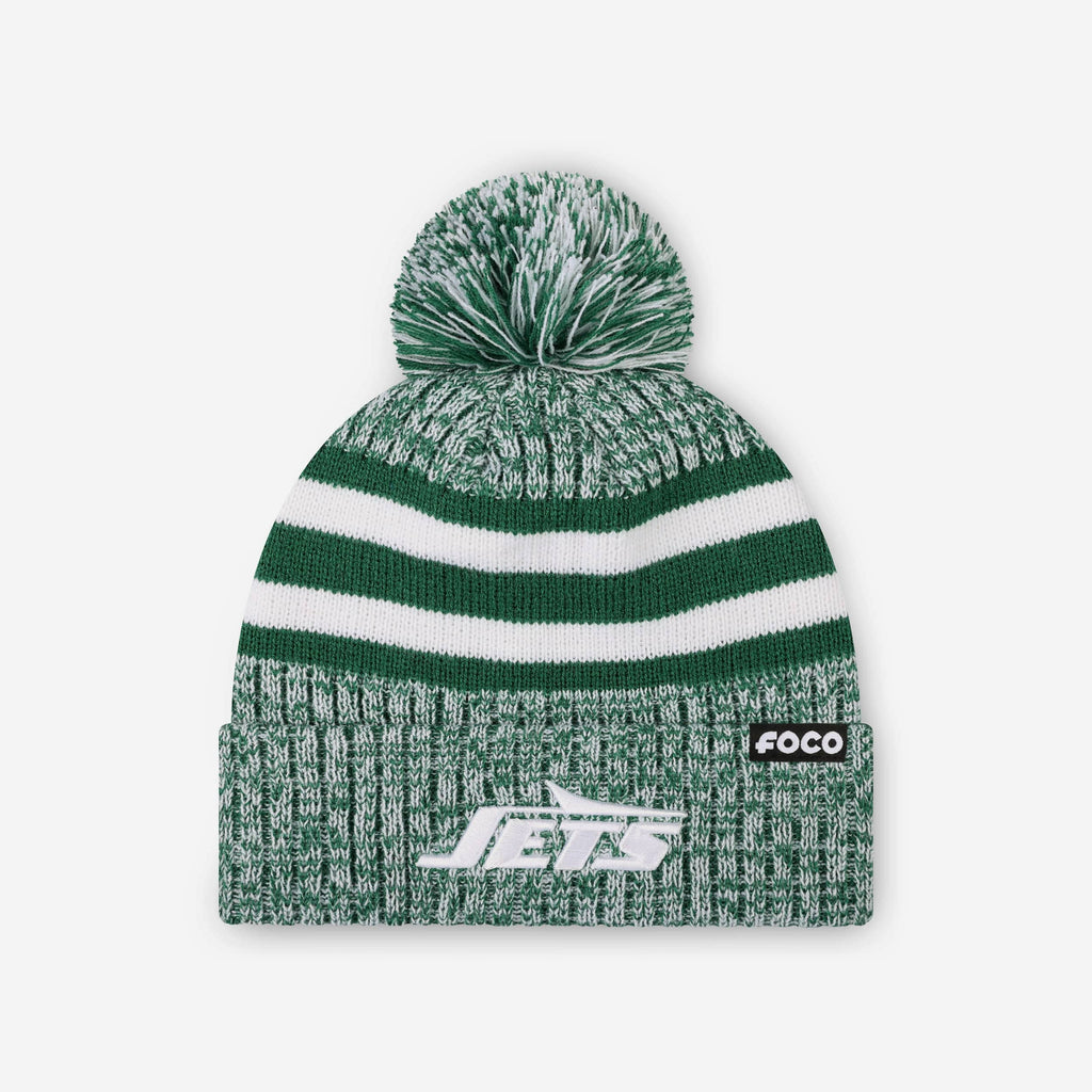 New York Jets Heather Team Stripe Lined Pom Beanie FOCO - FOCO.com