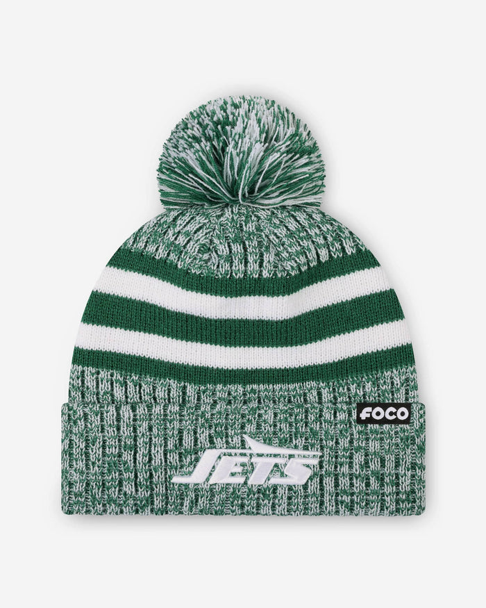 New York Jets Heather Team Stripe Lined Pom Beanie FOCO - FOCO.com