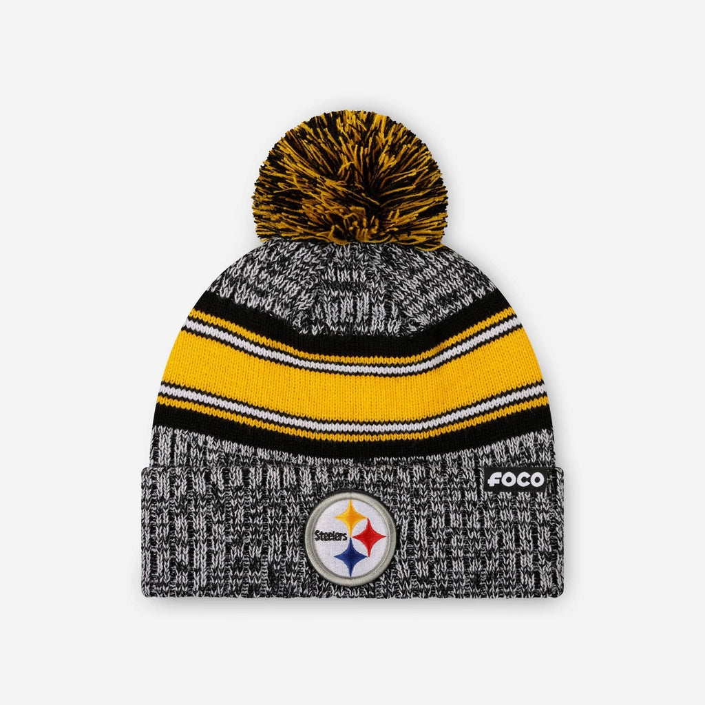 Pittsburgh Steelers Heather Team Stripe Lined Pom Beanie FOCO - FOCO.com