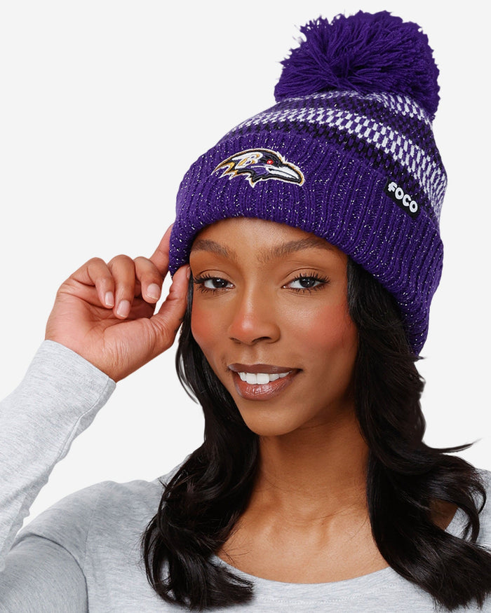 Baltimore Ravens Womens Cozy Knit Metallic Thread Pom Beanie FOCO - FOCO.com