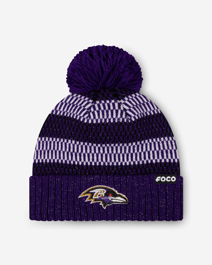 Baltimore Ravens Womens Cozy Knit Metallic Thread Pom Beanie FOCO - FOCO.com