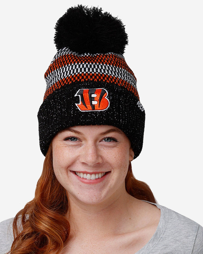 Cincinnati Bengals Womens Cozy Knit Metallic Thread Pom Beanie FOCO - FOCO.com