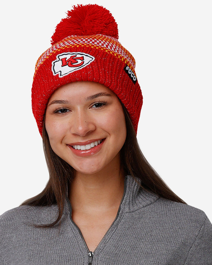 Kansas City Chiefs Womens Cozy Knit Metallic Thread Pom Beanie FOCO - FOCO.com