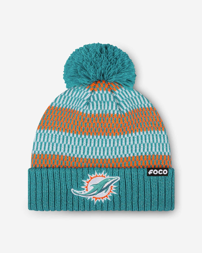 Miami Dolphins Womens Cozy Knit Metallic Thread Pom Beanie FOCO - FOCO.com