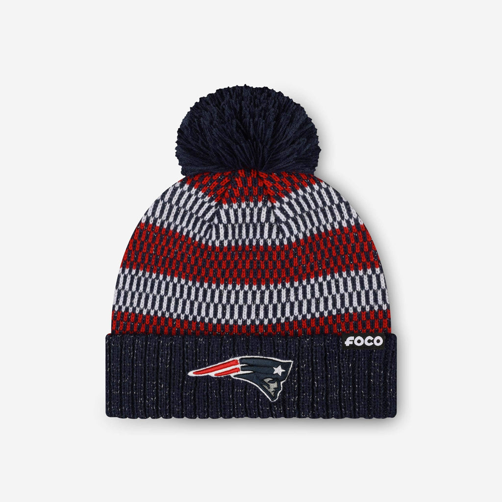 New England Patriots Womens Cozy Knit Metallic Thread Pom Beanie FOCO - FOCO.com