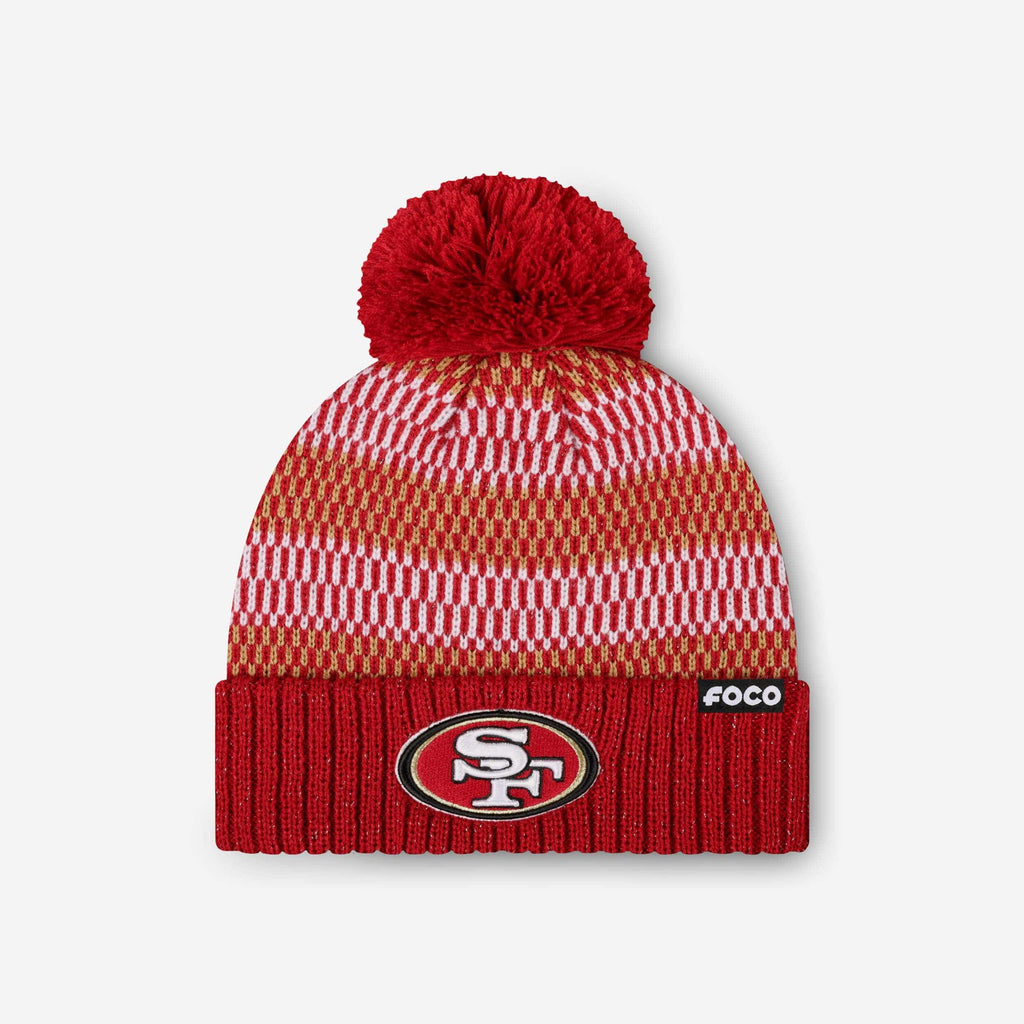 San Francisco 49ers Womens Cozy Knit Metallic Thread Pom Beanie FOCO - FOCO.com