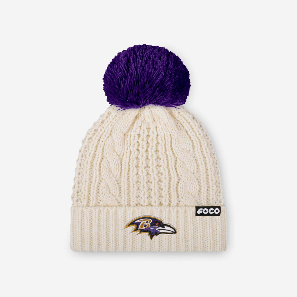 Baltimore Ravens Womens Primary Logo White Cable Knit Pom Beanie FOCO - FOCO.com