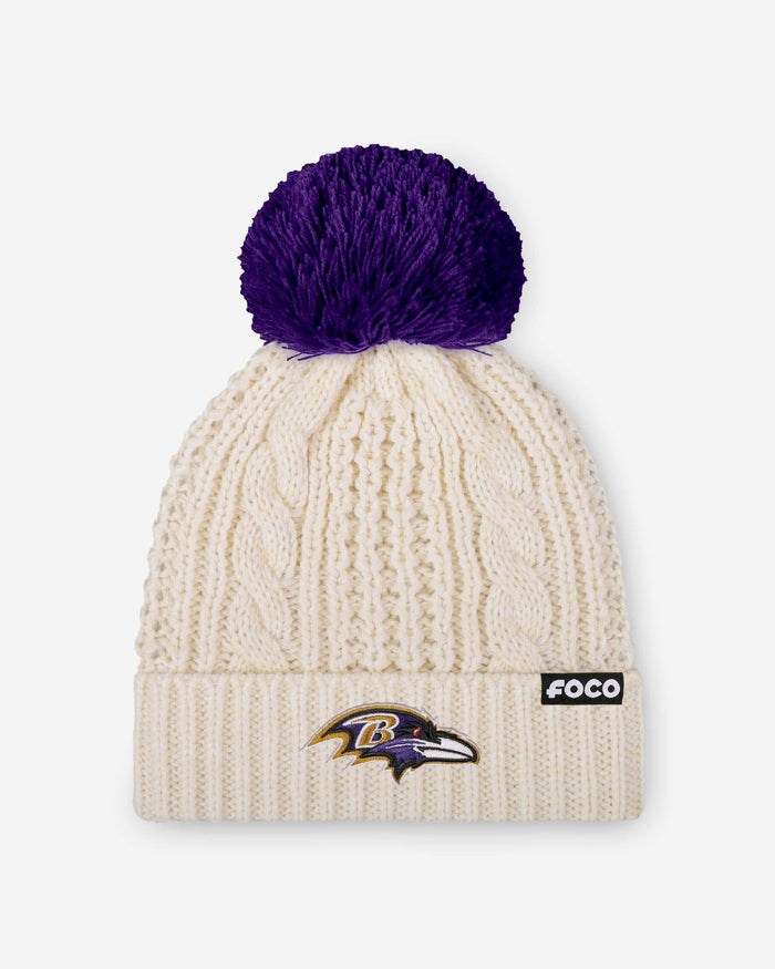 Baltimore Ravens Womens Primary Logo White Cable Knit Pom Beanie FOCO - FOCO.com