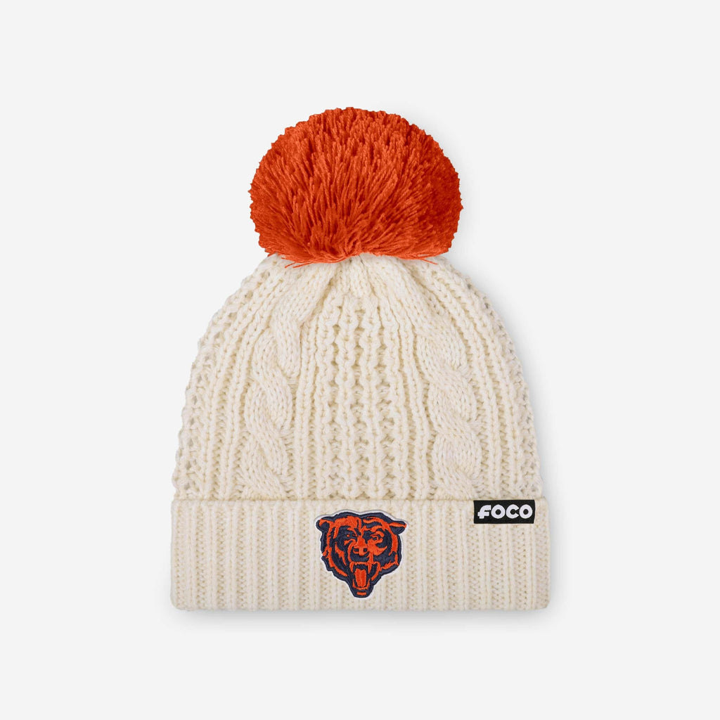 Chicago Bears Womens Primary Logo White Cable Knit Pom Beanie FOCO - FOCO.com