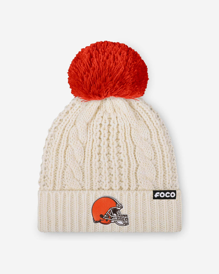 Cleveland Browns Womens Primary Logo White Cable Knit Pom Beanie FOCO - FOCO.com