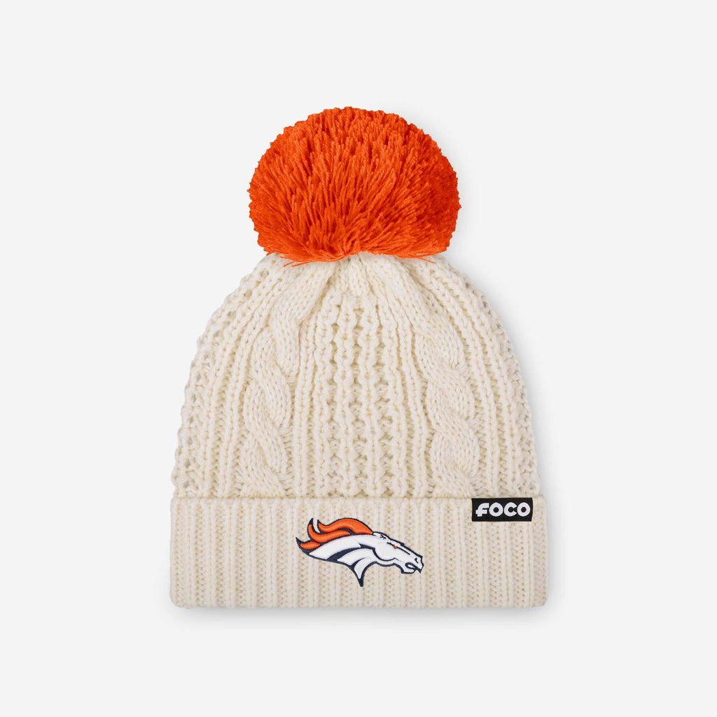 Denver Broncos Womens Primary Logo White Cable Knit Pom Beanie FOCO - FOCO.com